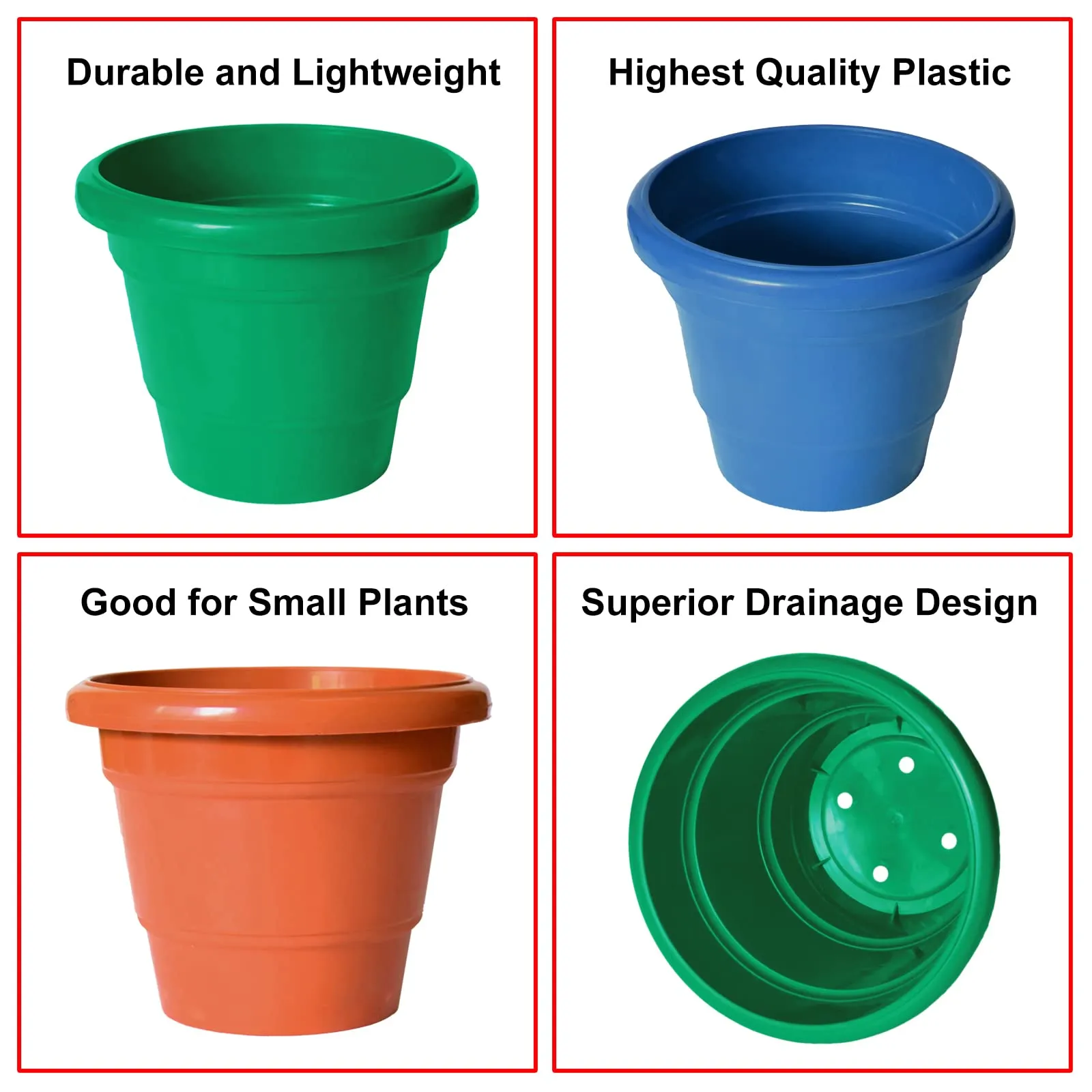 Heart Home Solid 2 Layered Plastic Flower Pot|Gamla for Home Decor,Nursery,Balcony,Garden,6"x5",Pack of 3 (Orange & Green & Blue)