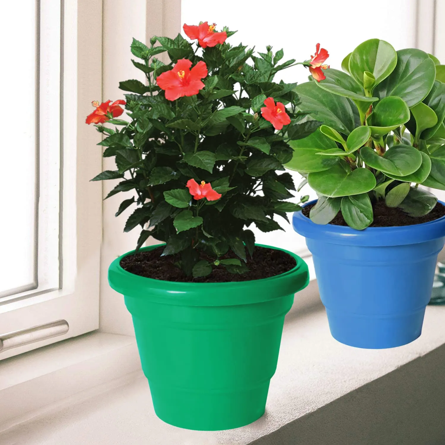 Heart Home Solid 2 Layered Plastic Flower Pot|Gamla for Home Decor,Nursery,Balcony,Garden,6"x5",Pack of 3 (Orange & Green & Blue)