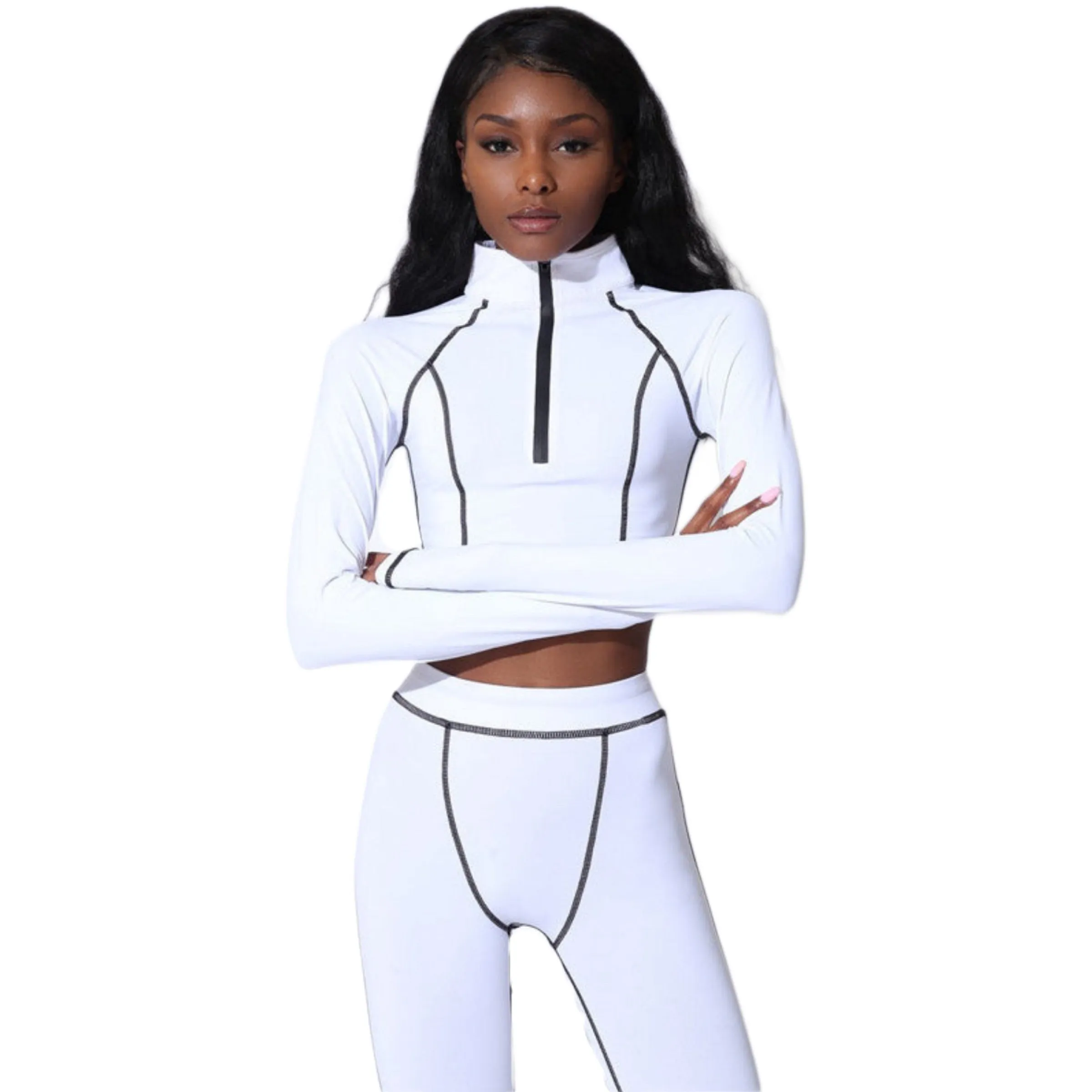 Hugcity Sporty Set 2 PCS Contrast Lines Crop Top and Leggings White and Black Size S, M, L