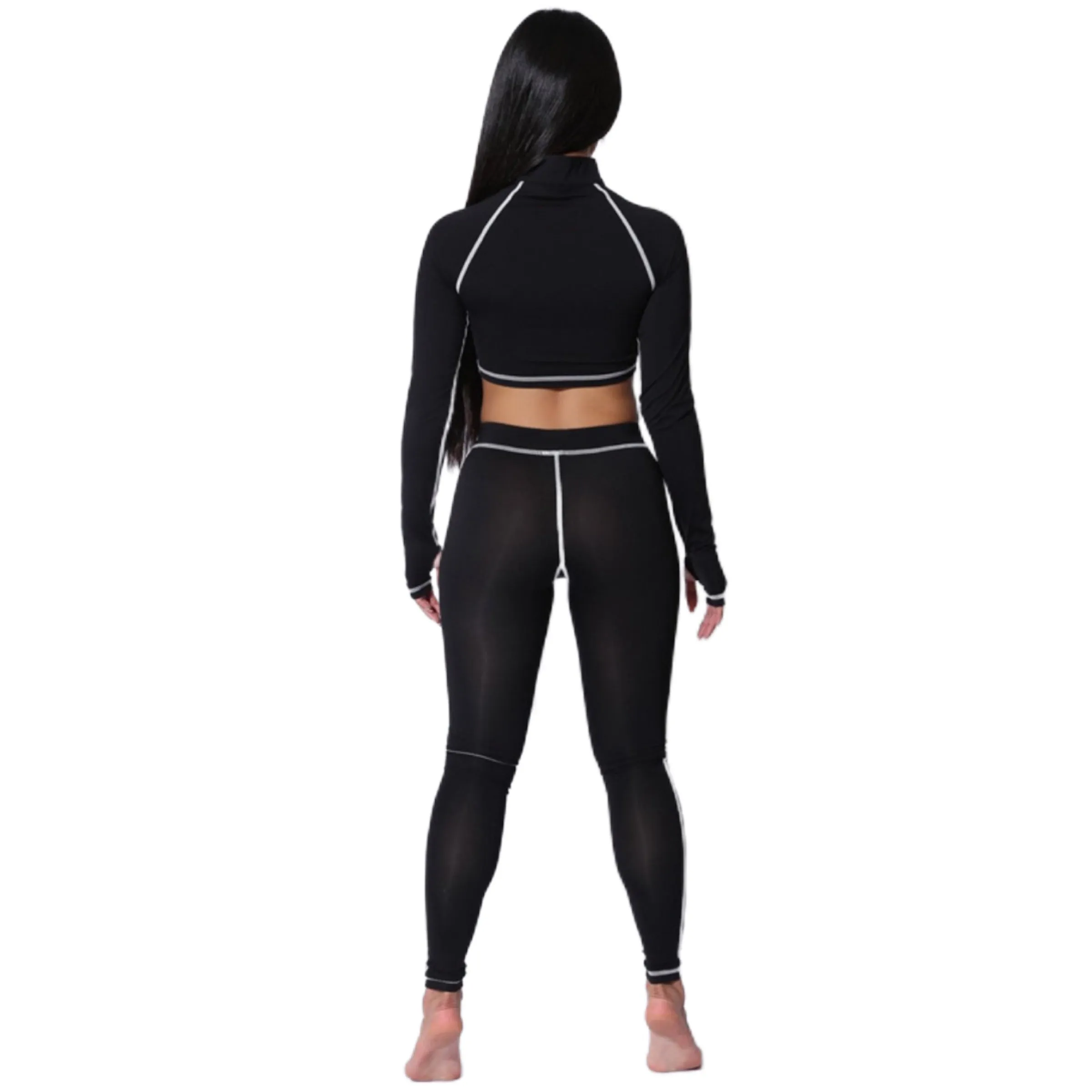 Hugcity Sporty Set 2 PCS Contrast Lines Crop Top and Leggings White and Black Size S, M, L