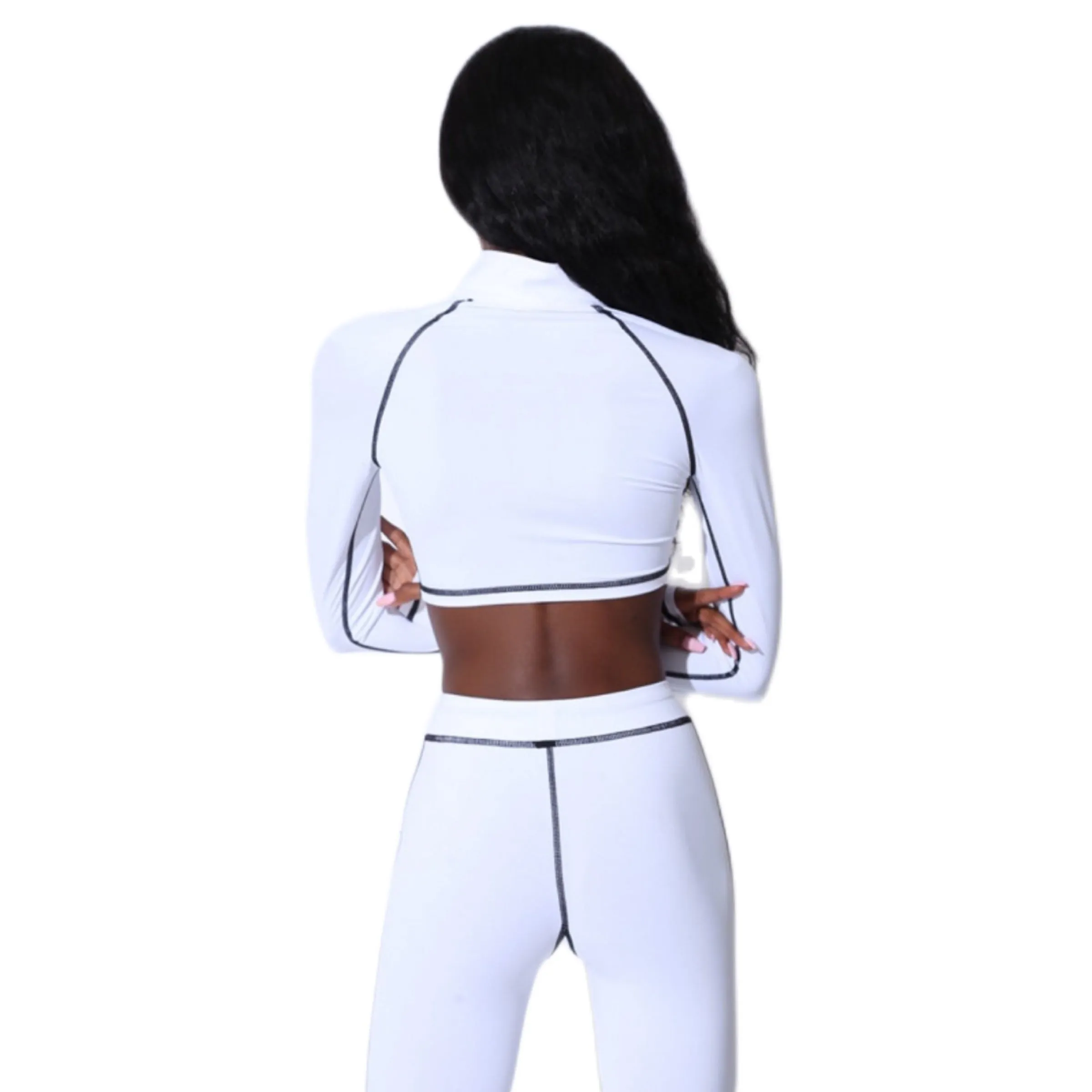 Hugcity Sporty Set 2 PCS Contrast Lines Crop Top and Leggings White and Black Size S, M, L