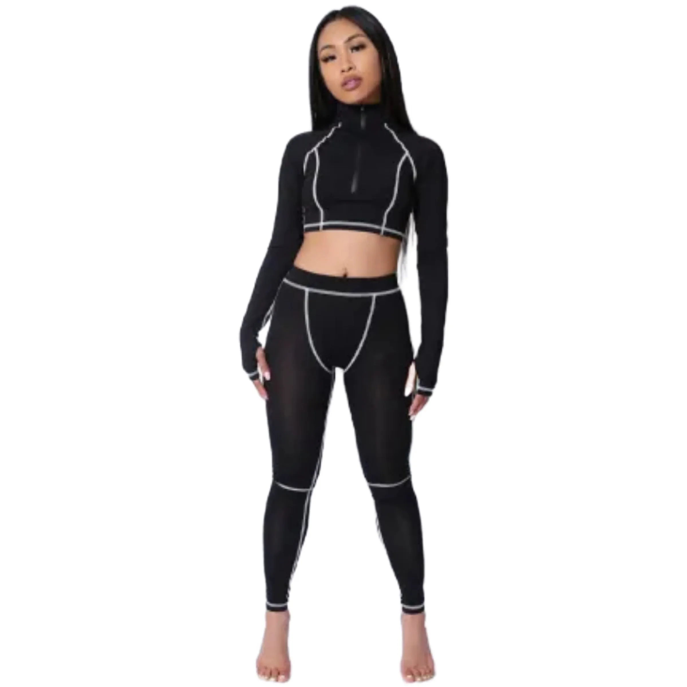 Hugcity Sporty Set 2 PCS Contrast Lines Crop Top and Leggings White and Black Size S, M, L
