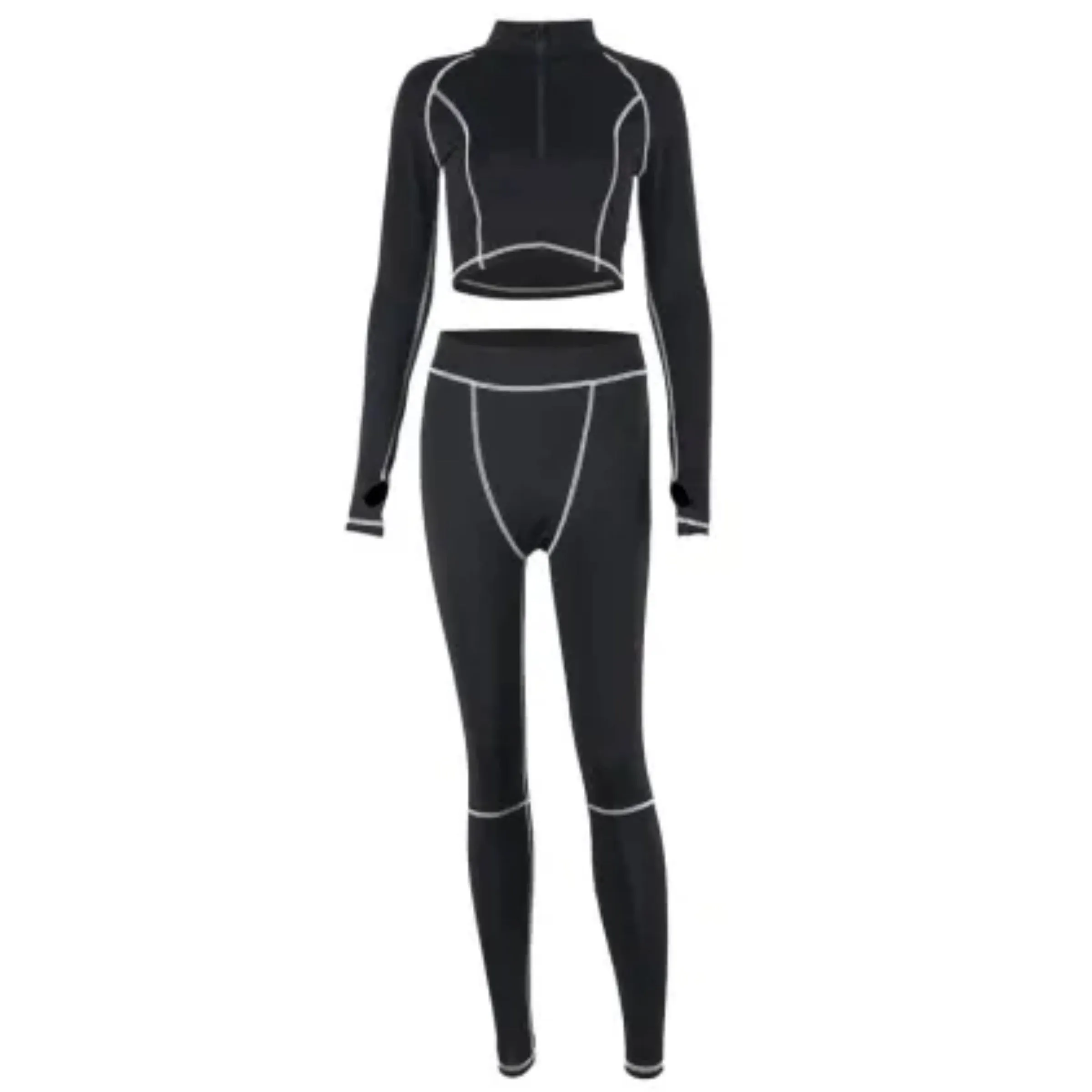 Hugcity Sporty Set 2 PCS Contrast Lines Crop Top and Leggings White and Black Size S, M, L
