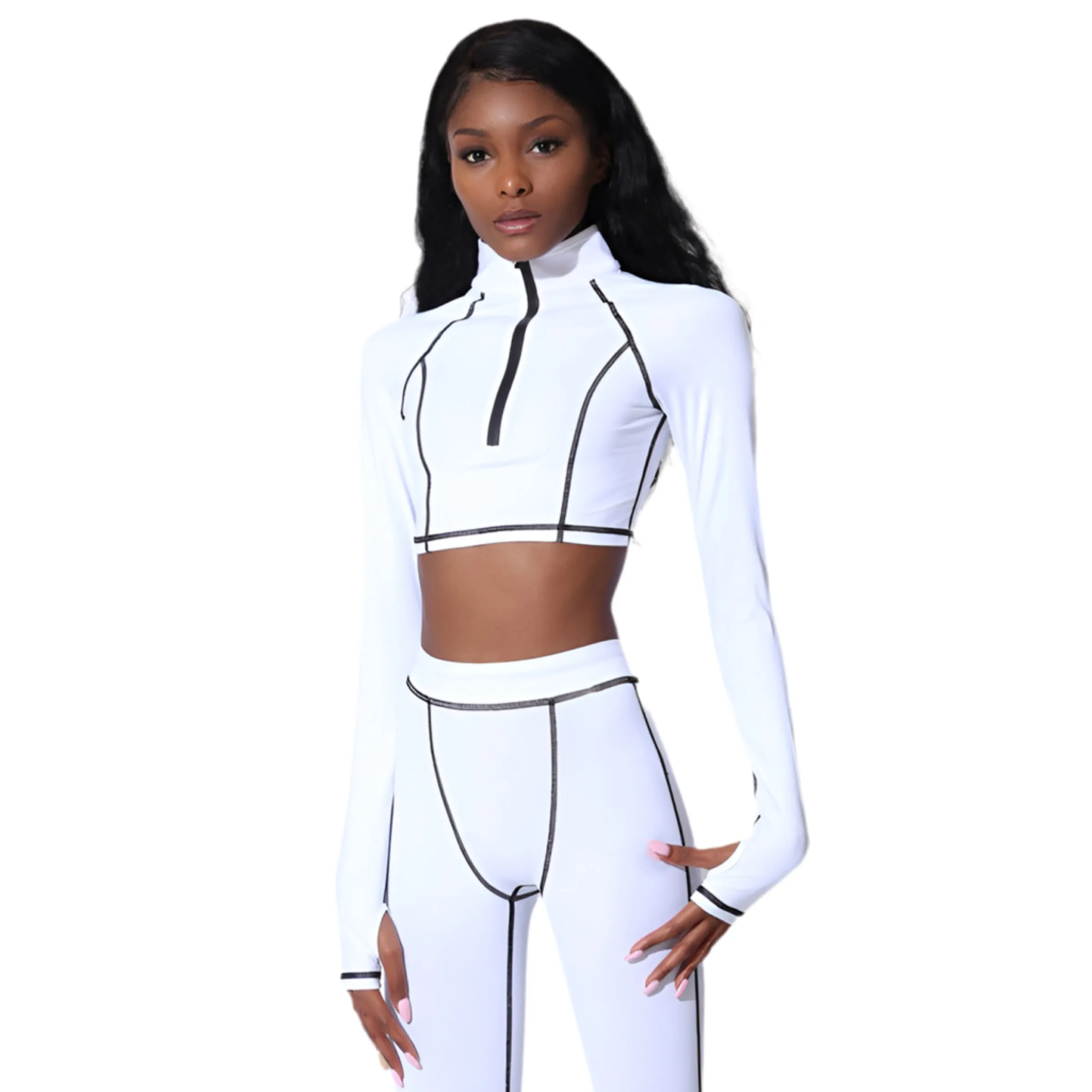 Hugcity Sporty Set 2 PCS Contrast Lines Crop Top and Leggings White and Black Size S, M, L
