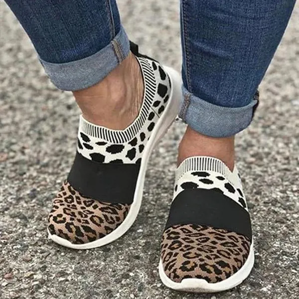 Kimemoda Leopard Flat Heel Sneakers Slip on Walking Shoes