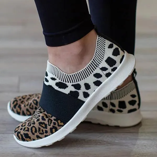 Kimemoda Leopard Flat Heel Sneakers Slip on Walking Shoes