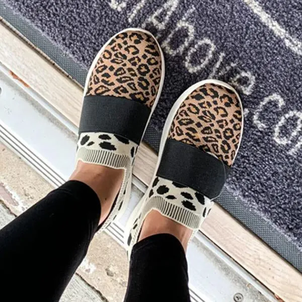 Kimemoda Leopard Flat Heel Sneakers Slip on Walking Shoes