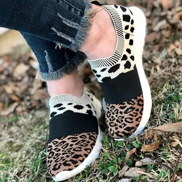Kimemoda Leopard Flat Heel Sneakers Slip on Walking Shoes
