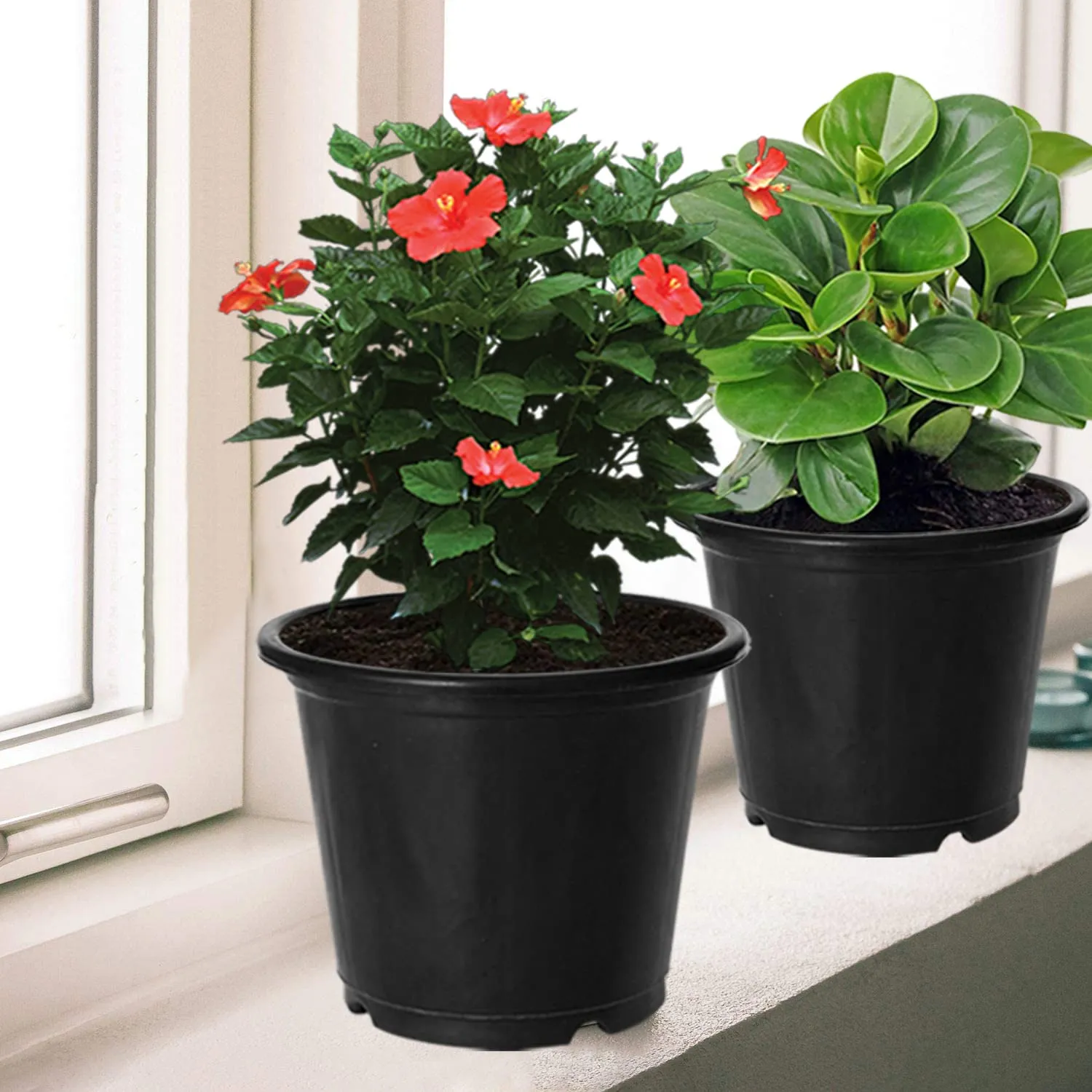 Kuber Industries Durable Plastic Flower Pot|Gamla with Drain Holes for Indoor Home Decor & Outdoor Balcony,Garden,6"x5",Pack of 4 (Black)