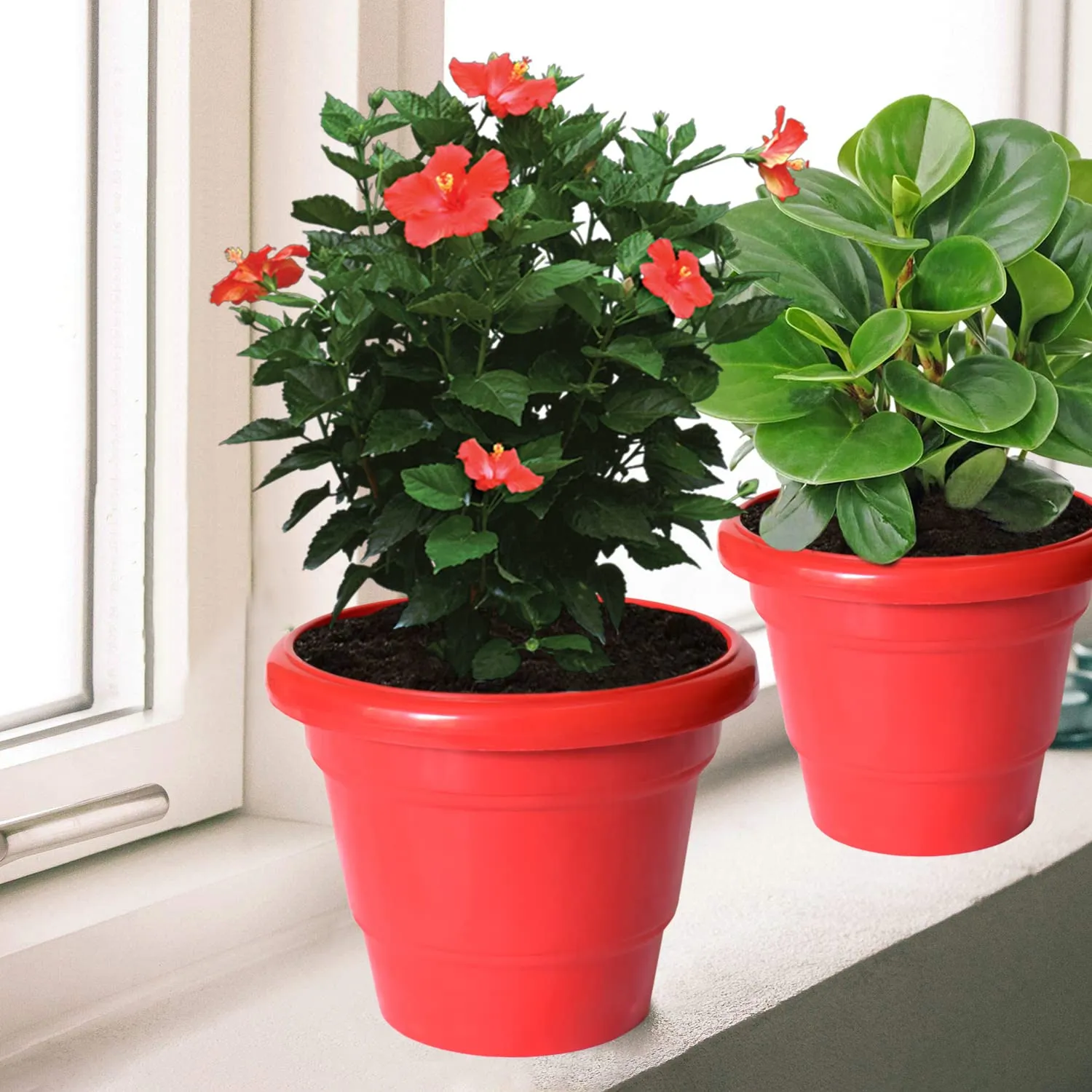 Kuber Industries Solid 2 Layered Plastic Flower Pot|Gamla for Home Decor,Nursery,Balcony,Garden,6"x5",Pack of 10 (Red)