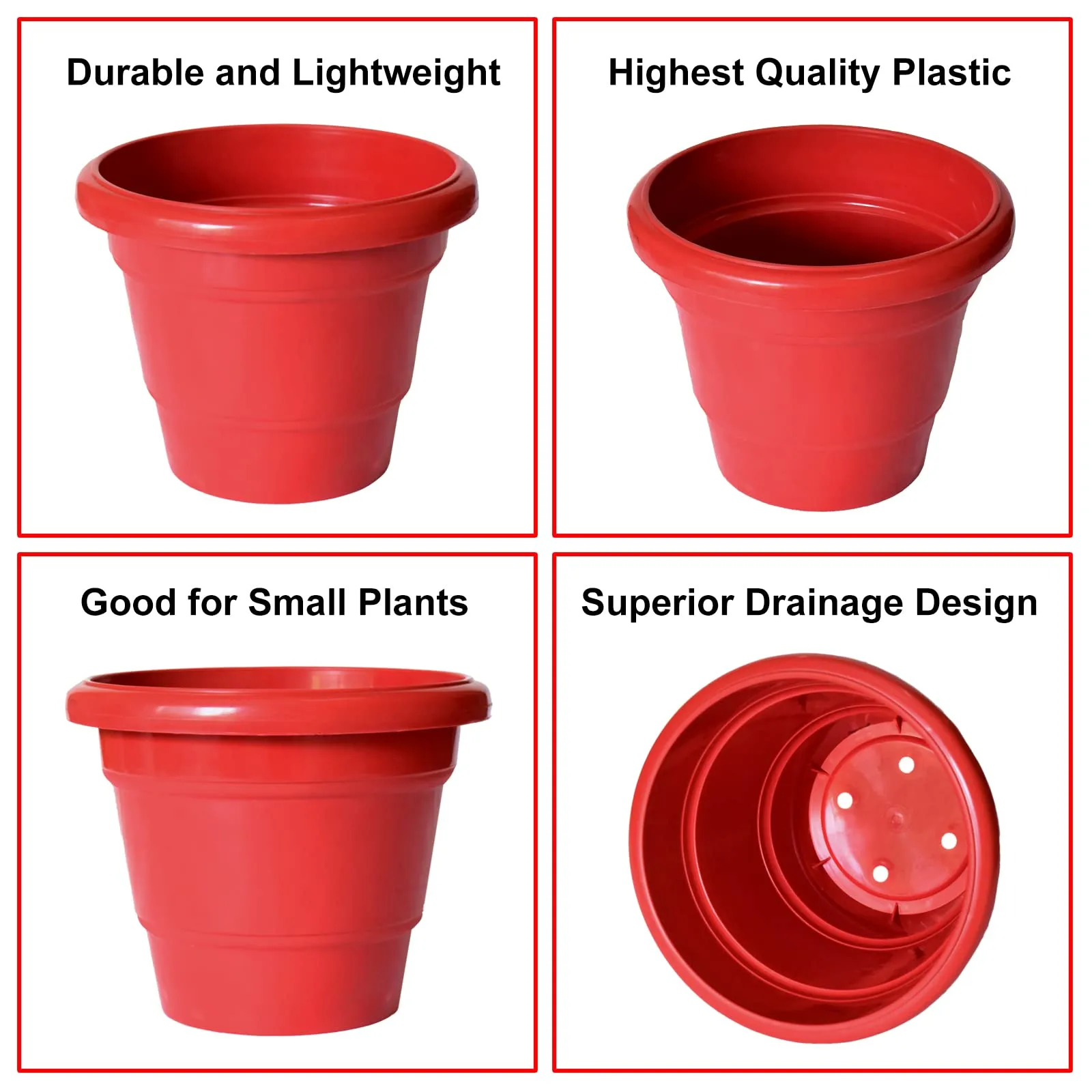 Kuber Industries Solid 2 Layered Plastic Flower Pot|Gamla for Home Decor,Nursery,Balcony,Garden,6"x5",Pack of 10 (Red)