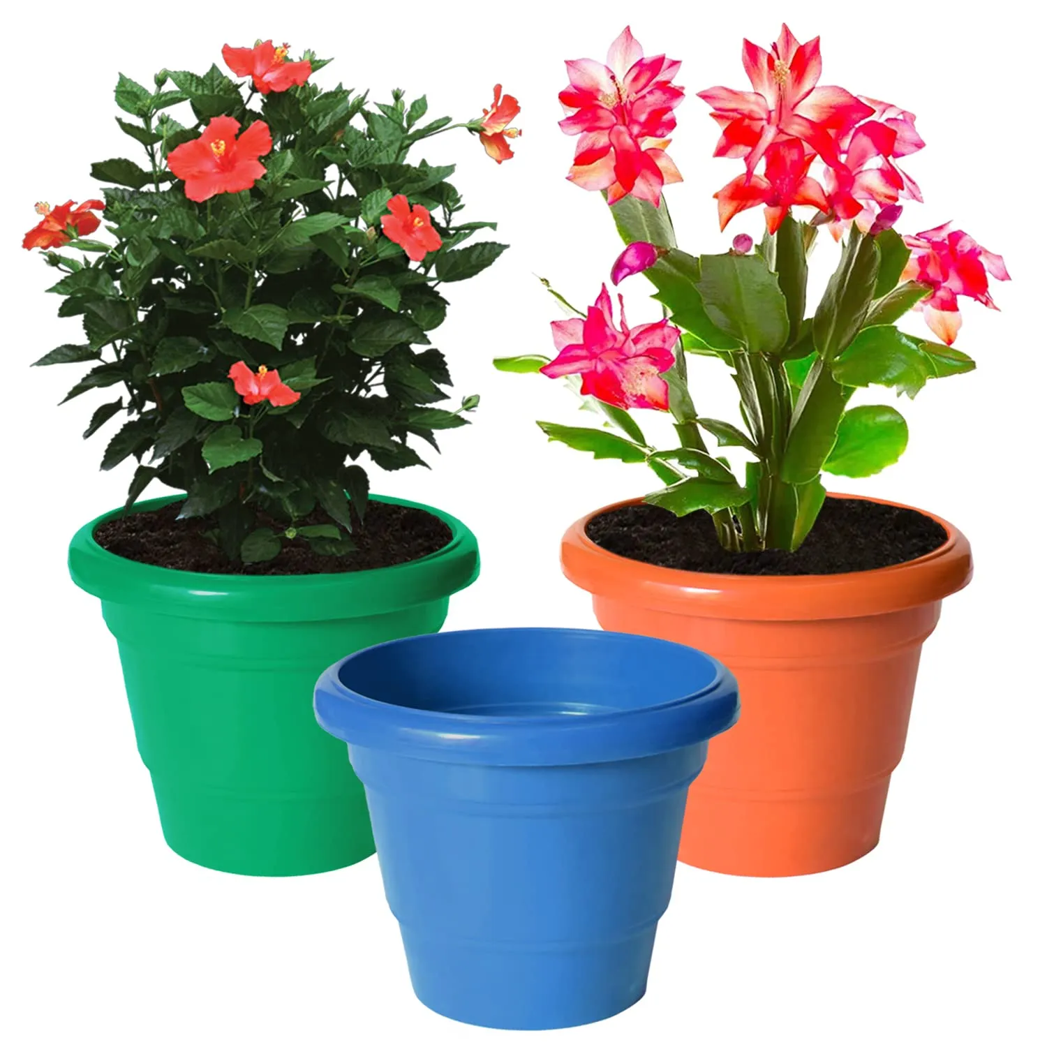 Kuber Industries Solid 2 Layered Plastic Flower Pot|Gamla for Home Decor,Nursery,Balcony,Garden,6"x5",Pack of 3 (Blue & Orange & Green)