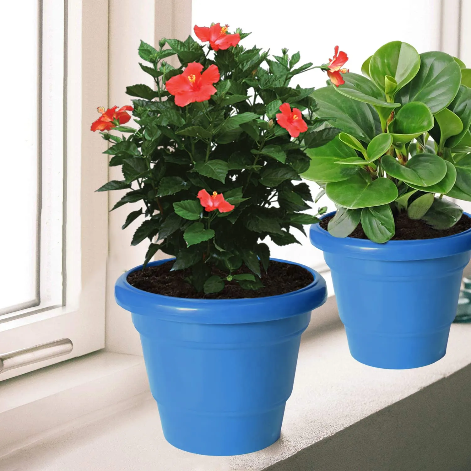 Kuber Industries Solid 2 Layered Plastic Flower Pot|Gamla for Home Decor,Nursery,Balcony,Garden,6"x5",Pack of 4 (Blue)